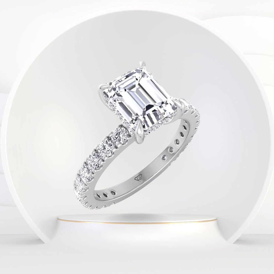 Leeds- Emerald Cut Diamond Engagement Ring with Hidden Halo and Side-stones - Gem Jewelers Co