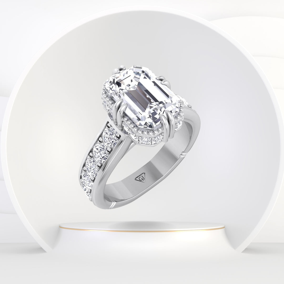 Bristol - Emerald Cut Diamond Engagement Ring with Side stones and Invisible Halo - Gem Jewelers Co