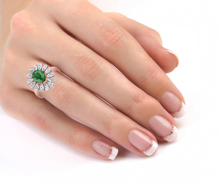 Sabrina - Pear Shape Green Emerald Engagement Ring with Pear Shape Diamond Halo - Gem Jewelers Co