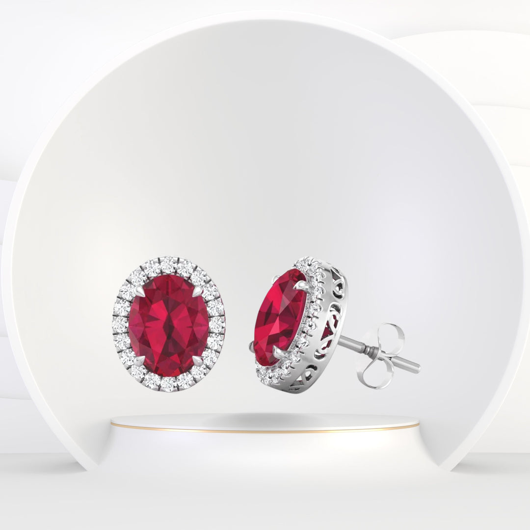 Cora - Oval Cut Ruby and Diamond Halo Earrings