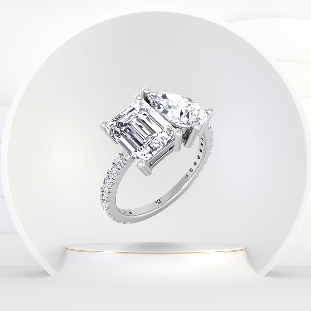 Evie - Emerald & Pear Shape Diamond Engagement Ring With Pave Band - Gem Jewelers Co