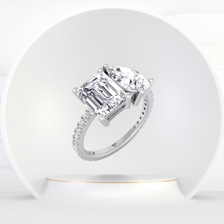 Evie - Emerald & Pear Shape Diamond Engagement Ring With Pave Band - Gem Jewelers Co