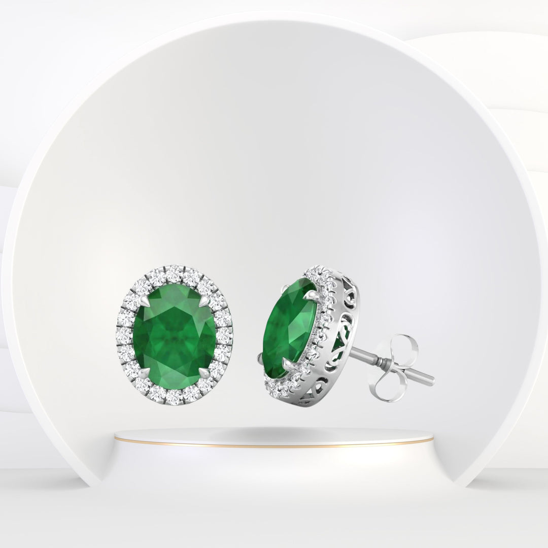 Foglia - Oval Cut Emerald and Diamond Halo Earrings