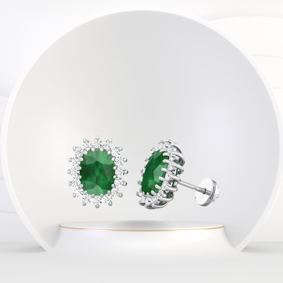 Pino - Oval Cut Emerald and Diamond Halo Flower Style Earrings - Gem Jewelers Co