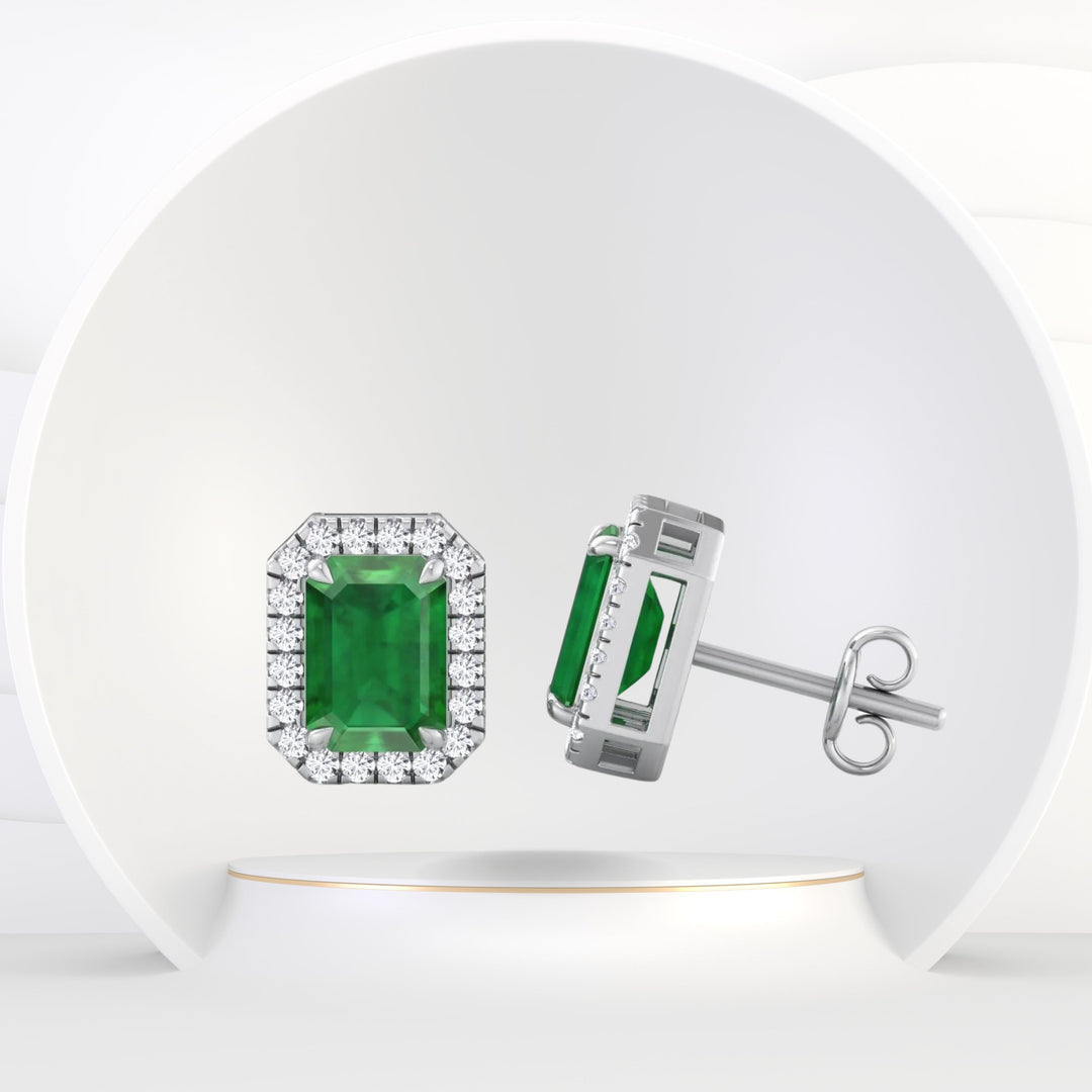Genio - Emerald Cut Green Emerald Diamond Halo Earrings - Gem Jewelers Co