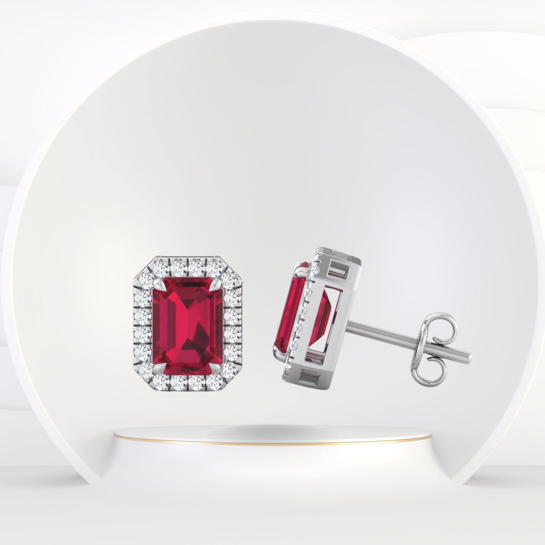 Fuoco - Emerald Cut Ruby and Diamond Halo Earrings - Gem Jewelers Co