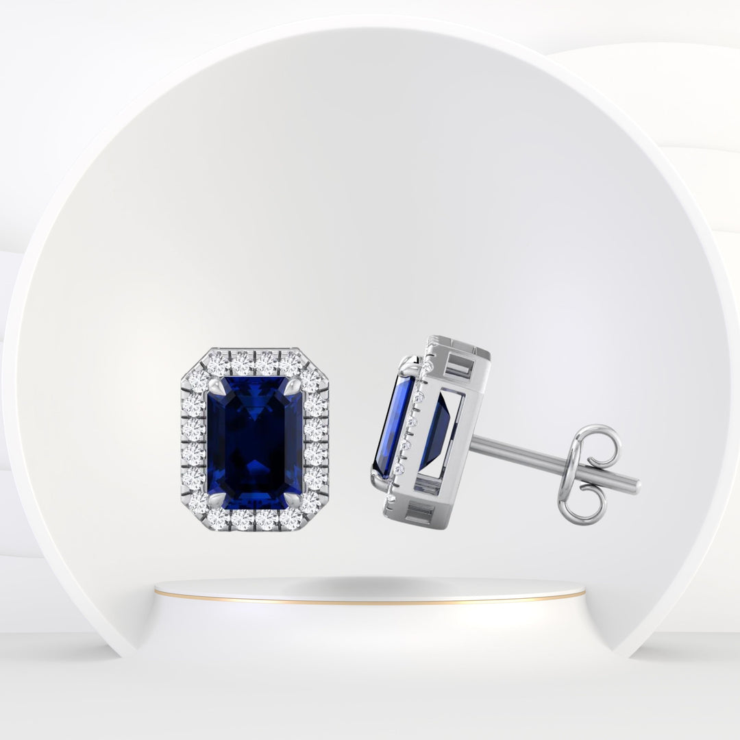 Calcolo - Emerald Cut Sapphire and Diamond Halo Earrings - Gem Jewelers Co