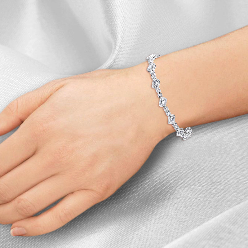 Emerald and Round Natural Diamond Tennis Bracelet