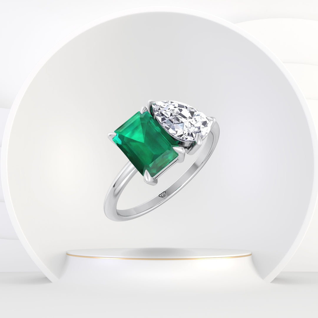 Demi - Toi et Moi Green Emerald & Pear Cut Diamond Engagement Ring - Gem Jewelers Co