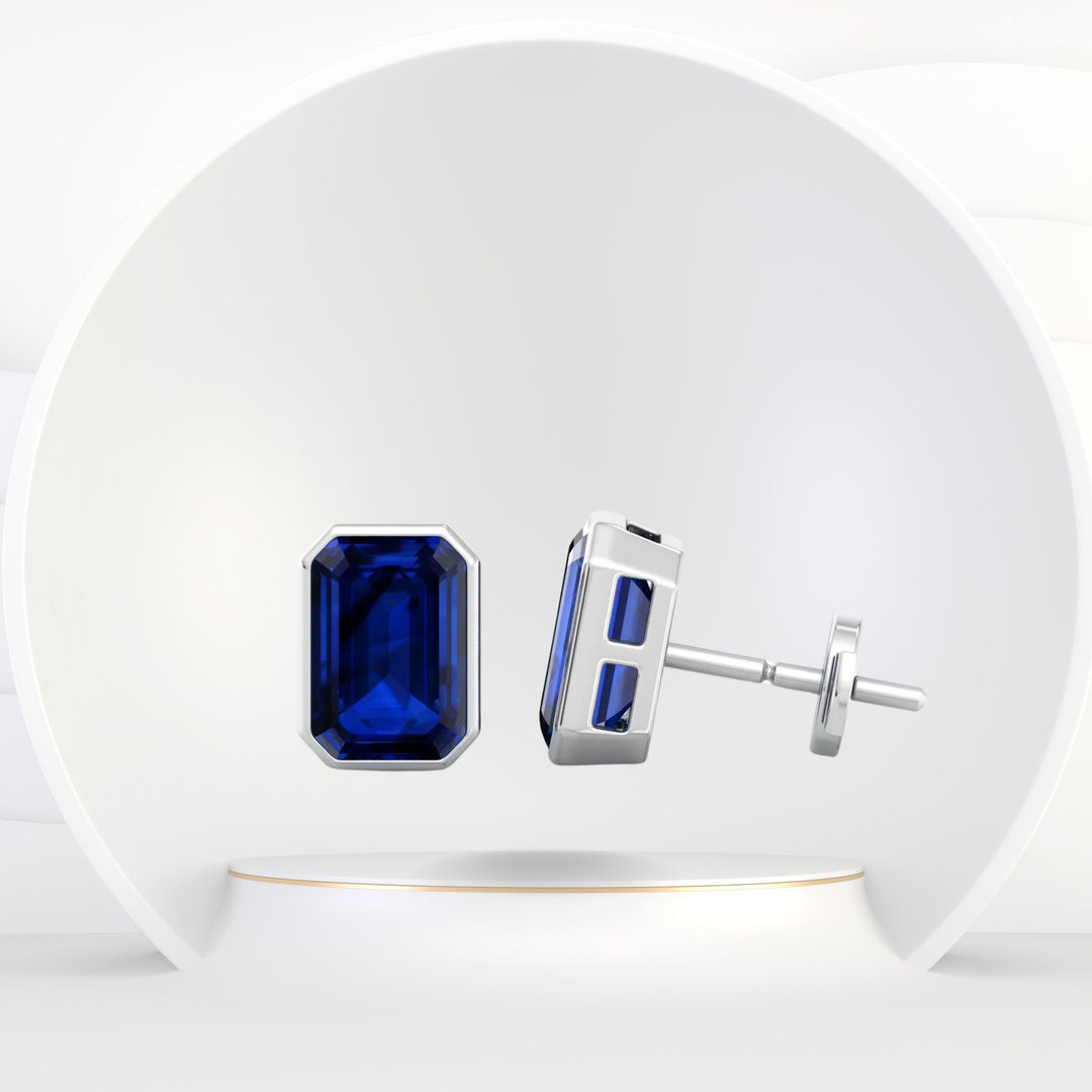 Cubo - Emerald Cut Sapphire Bezel Set Earrings - Gem Jewelers Co