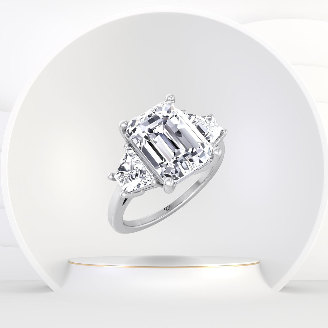Paolina - 3 Stone Emerald & Trapezoid Diamond Engagement Ring - Gem Jewelers Co