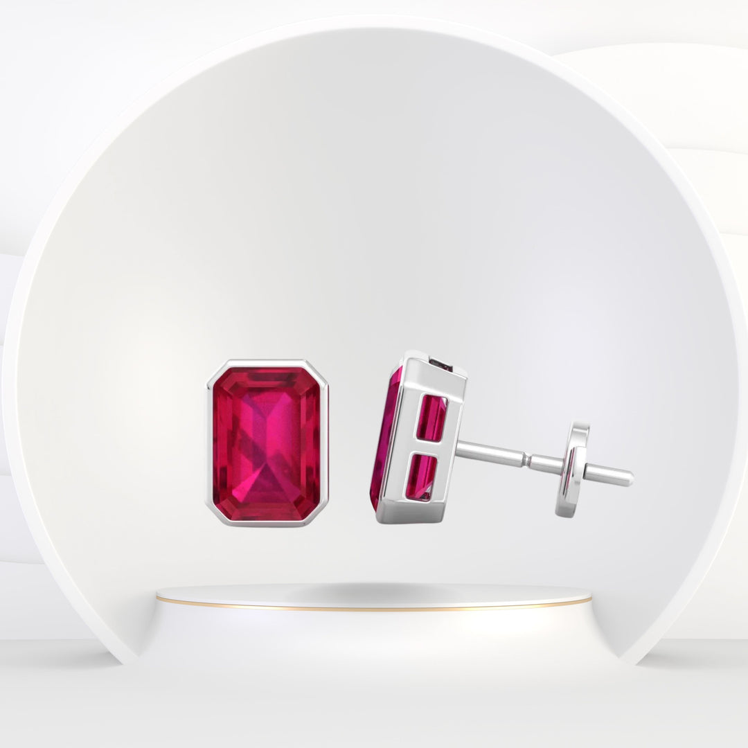Cilie - Emerald Cut Ruby Bezel Set Earrings - Gem Jewelers Co