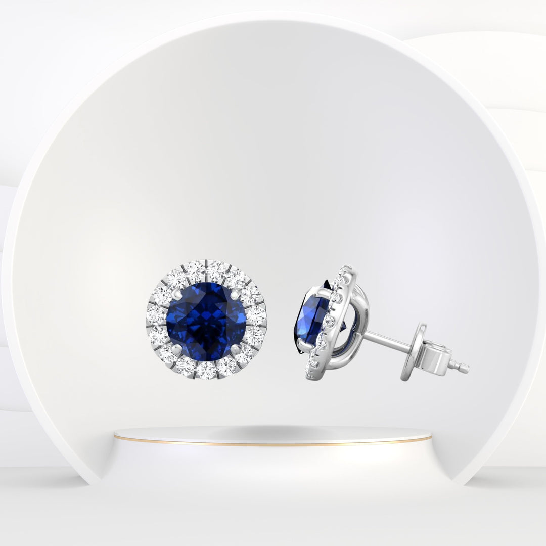 Tiber - Round Cut Blue Sapphire & Diamond Halo Earrings - Gem Jewelers Co