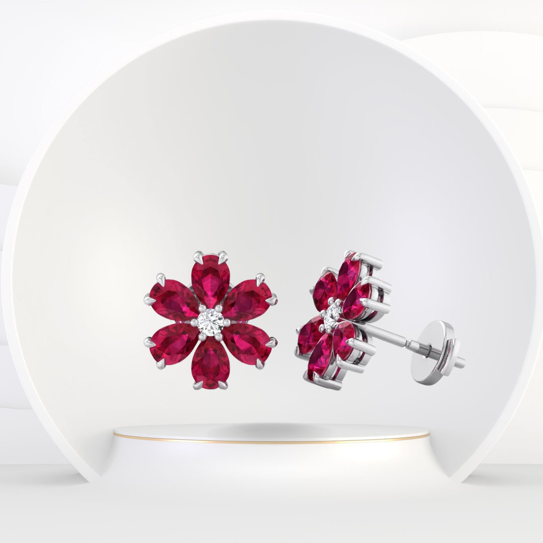 Otta - Pear Shaped Ruby & Diamond Cluster Earrings - Gem Jewelers Co