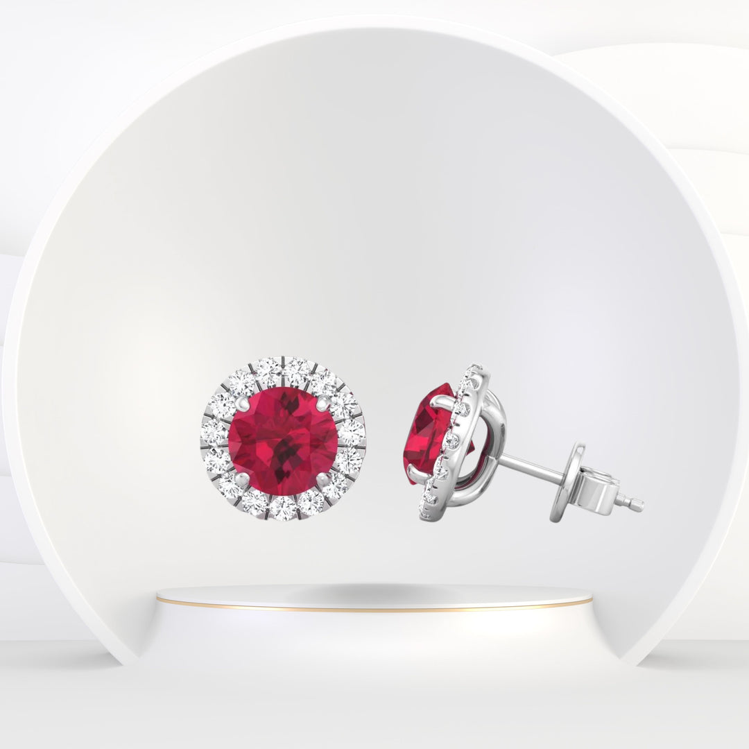 Tavo - Round Cut Ruby & Diamond Halo Earrings - Gem Jewelers Co