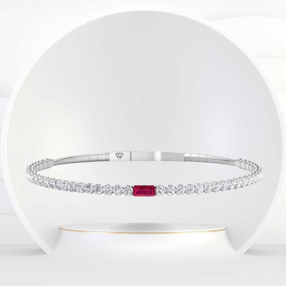 Margo - Baguette Natural Ruby & Round Natural Diamond Flexible Bangle in 14K Solid Gold - Gem Jewelers Co
