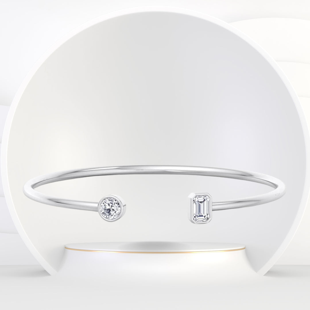Atari - Bezel Set Round and Emerald Cut Natural Diamond Open Cuff Bangle - Gem Jewelers Co
