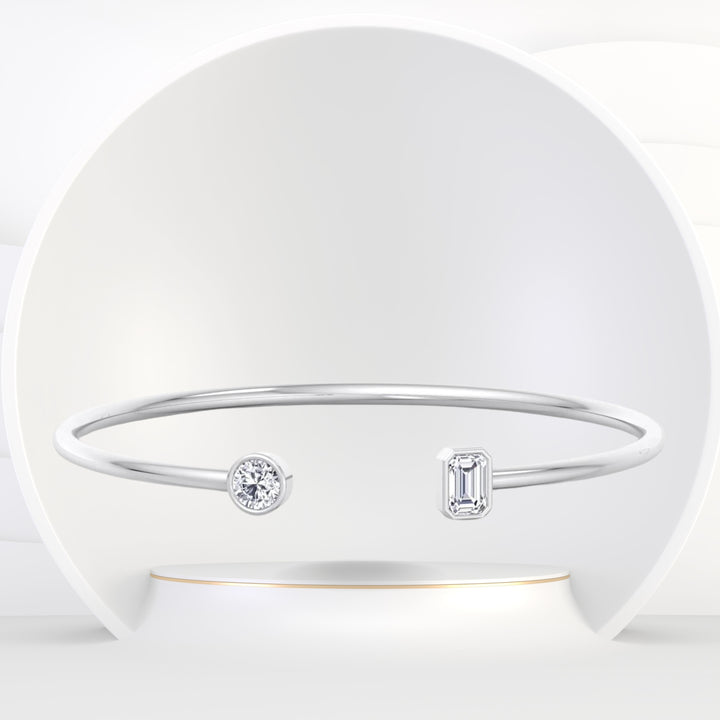Atari - Bezel Set Round and Emerald Cut Natural Diamond Open Cuff Bangle - Gem Jewelers Co
