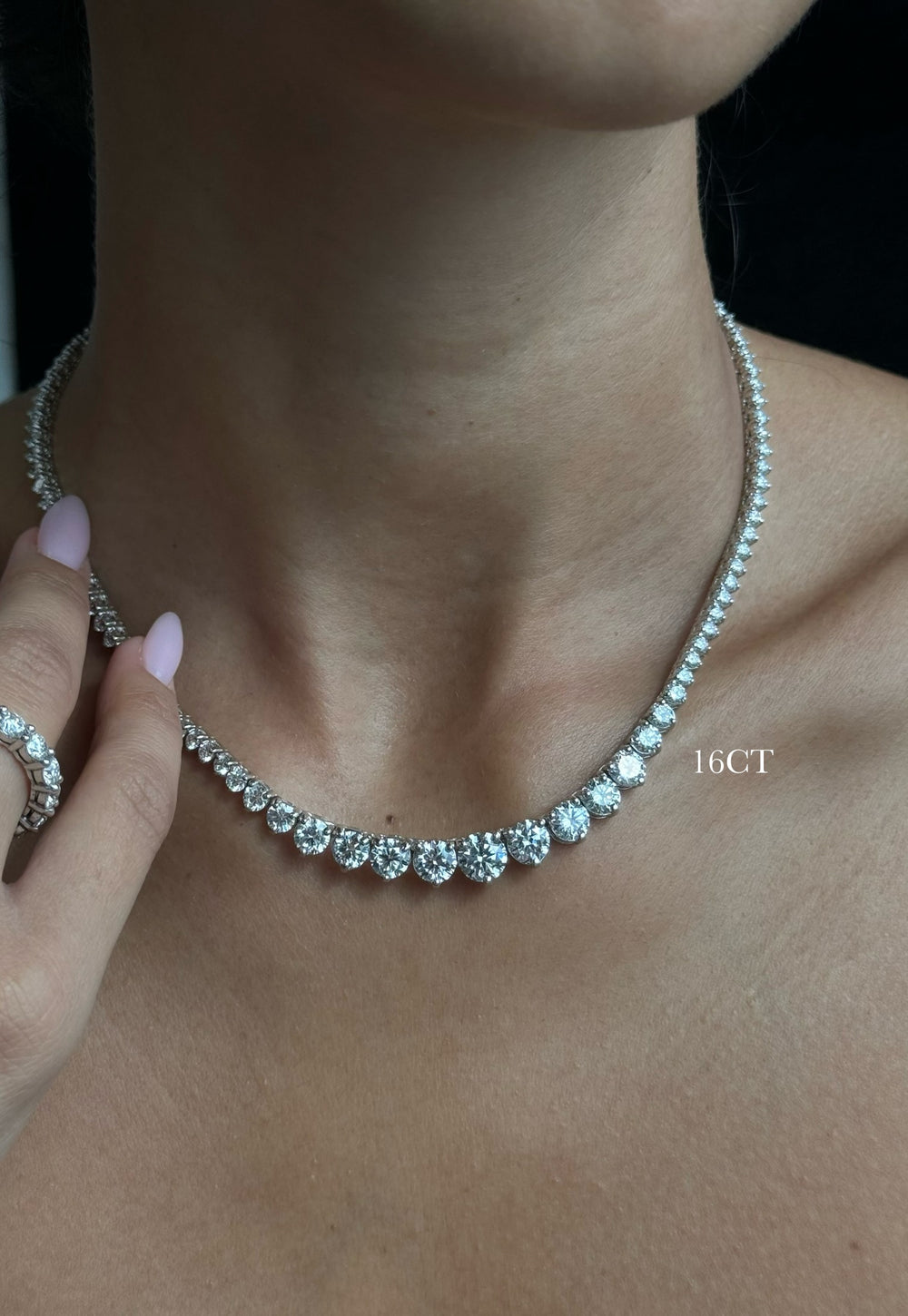 6CT 3-Prong Riviera Natural Diamond Tennis Necklace, On Neck