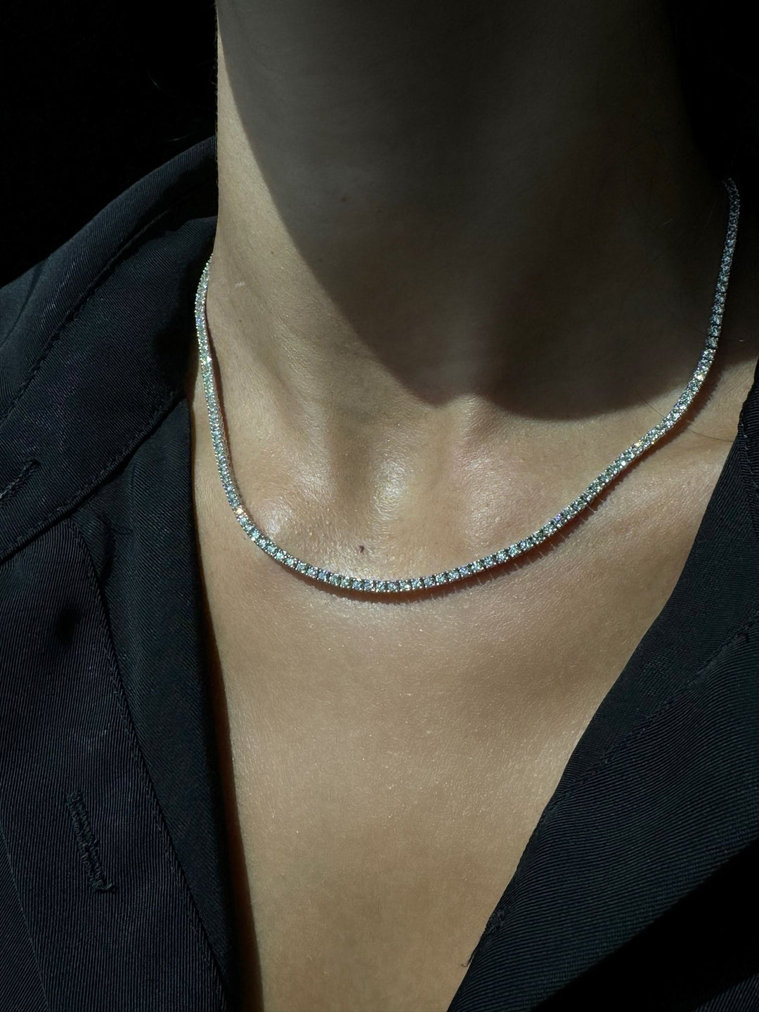 6CT 4-Prong Natural Diamond Tennis Necklace 14K Gold, On Neck