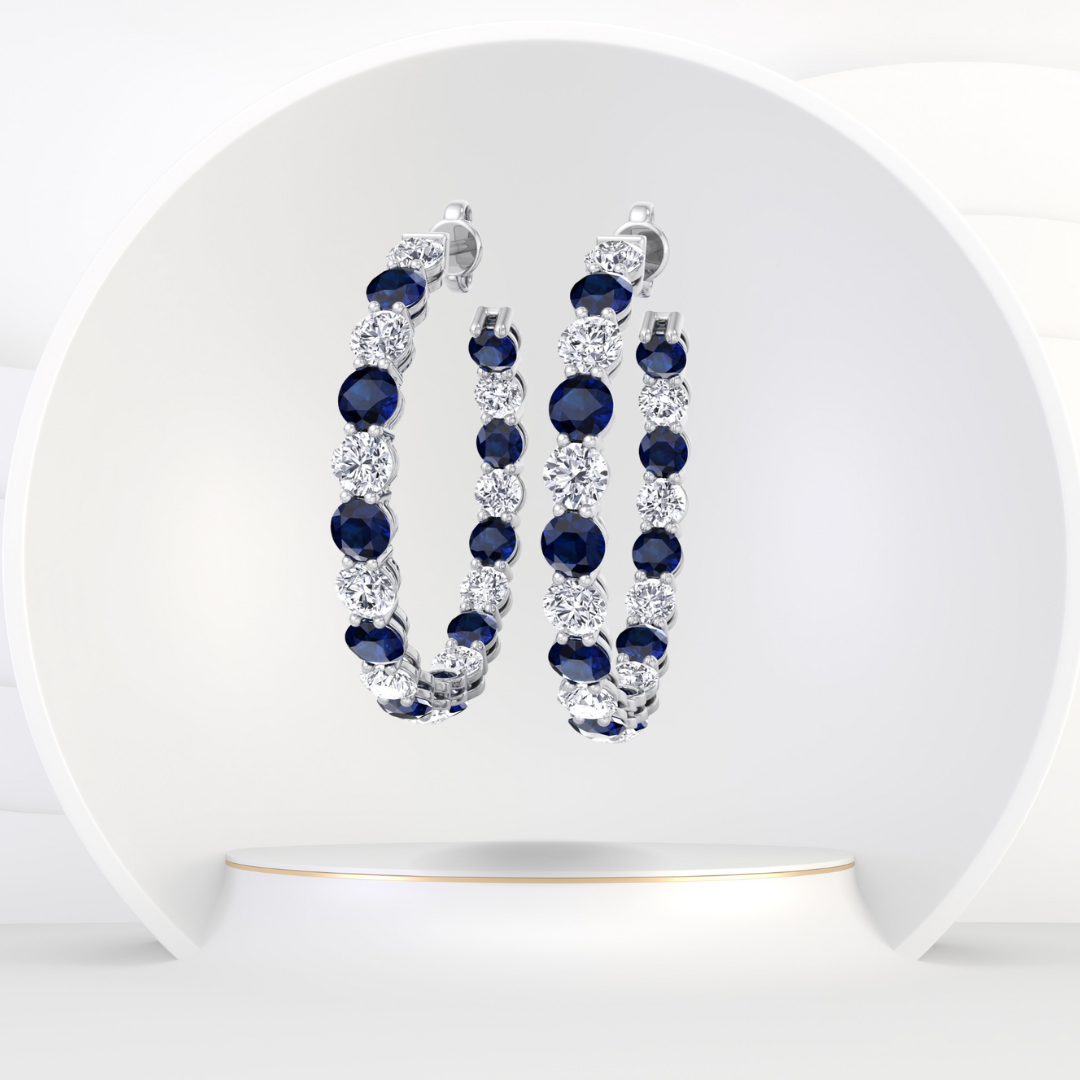 Alternating Natural Blue Sapphire and Diamond Inside Out Hoop Earrings