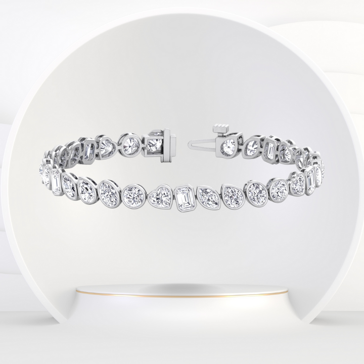 Bezel Multi Shape Natural Diamond Tennis Bracelet in Solid Gold