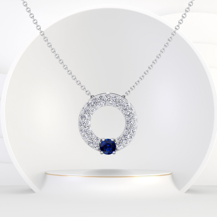 Round Shape Natural Diamond & Blue Sapphire Open Circle Pendant-1.25CT-14K-18K