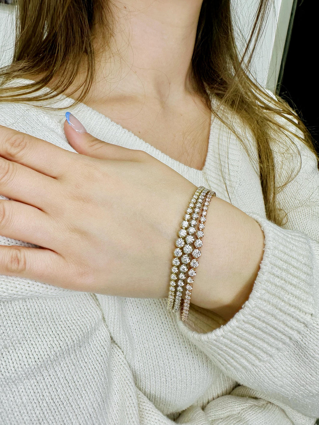 Renzo - 7.10CT TW Triple Row Graduated Natural Diamond Tennis Bracelet ( Tri-Color) - Gem Jewelers Co