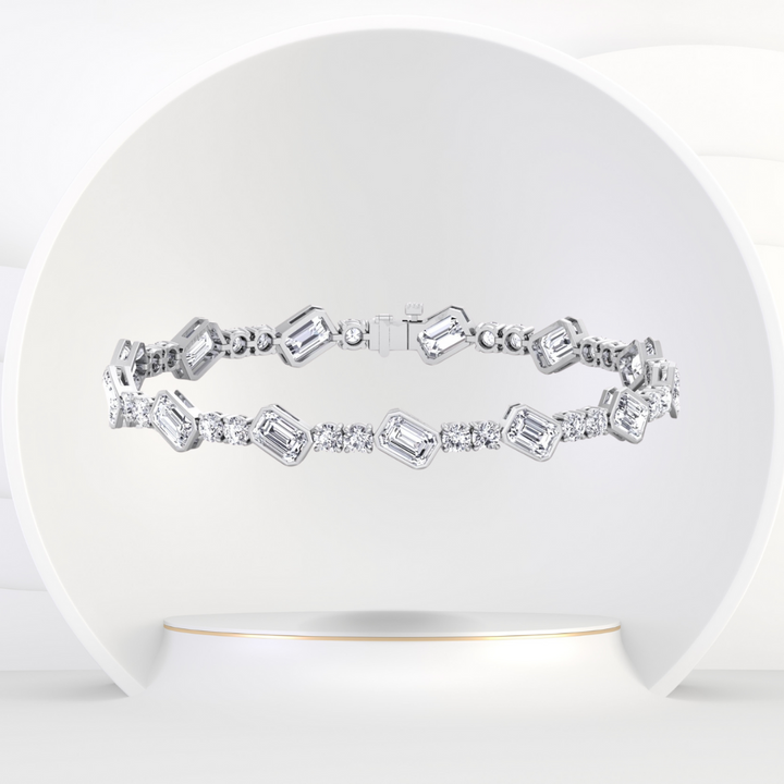 Emerald and Round Natural Diamond Tennis Bracelet