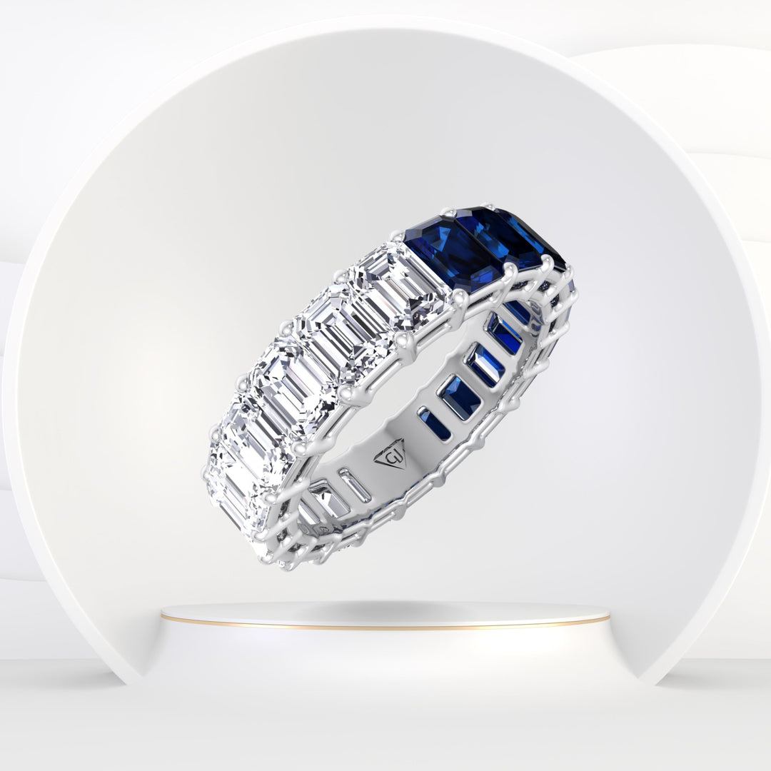 Gala - Emerald Shape Diamond and Blue Sapphire Eternity Band - Gem Jewelers Co