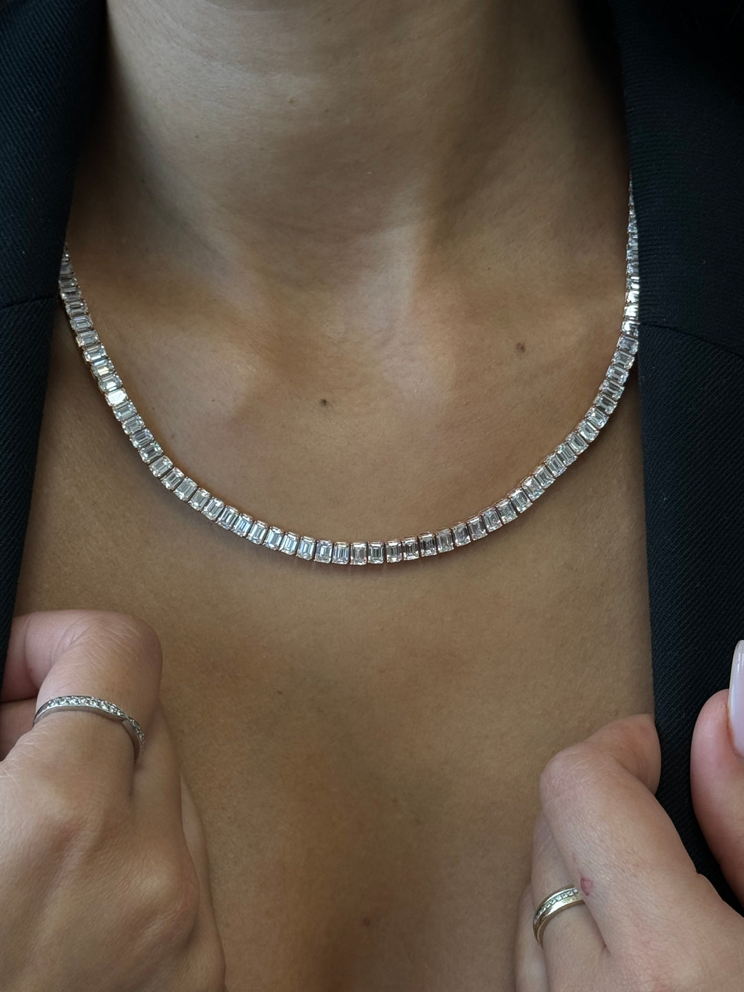 15CT Emerald Shape Prong Setting Natural Diamond Tennis Necklace 15K Rose Gold