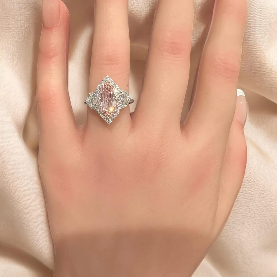 1.08CT Light Pink-Brown Marquise Step Cut Diamond Engagement Ring 18K White Gold