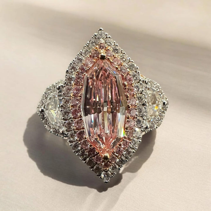 1.08CT Light Pink-Brown Marquise Step Cut Diamond Engagement Ring 18K White Gold