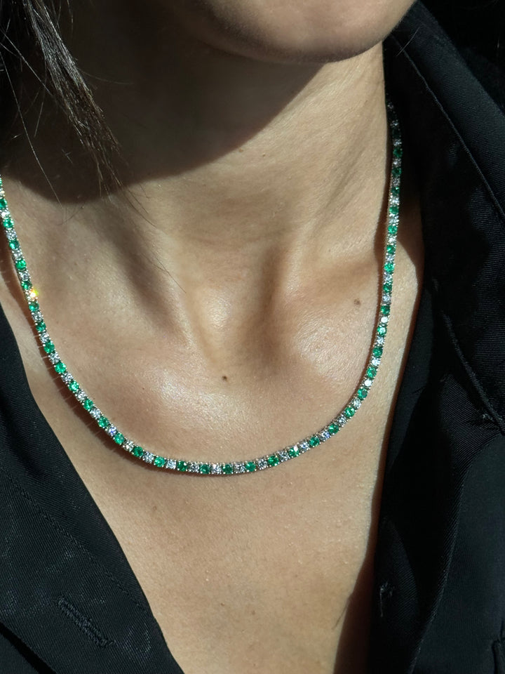 Alternating Green Emerald and Natural Diamond Tennis Necklace 14K Solid Gold