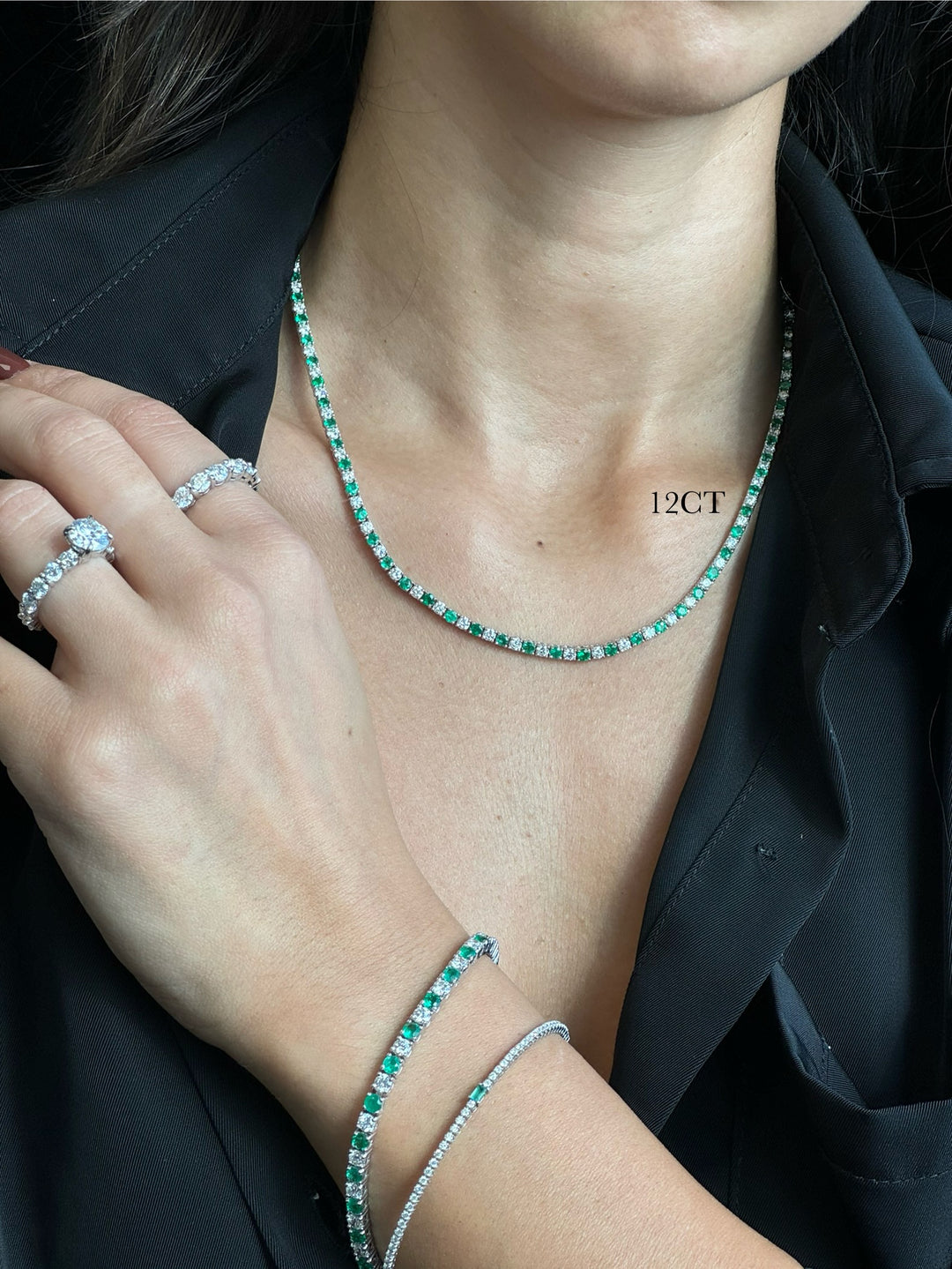 Alternating Green Emerald and Natural Diamond Tennis Necklace 14K Solid Gold