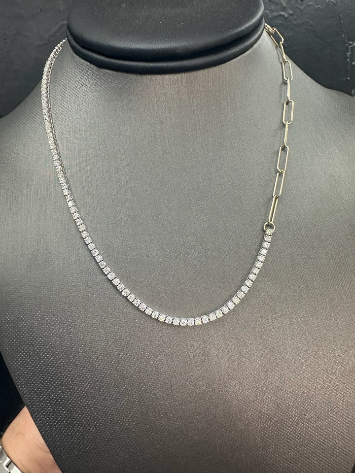 Piazza - Halfway Adjustable Diamond Tennis Necklace With Paperclip Chain - Gem Jewelers Co