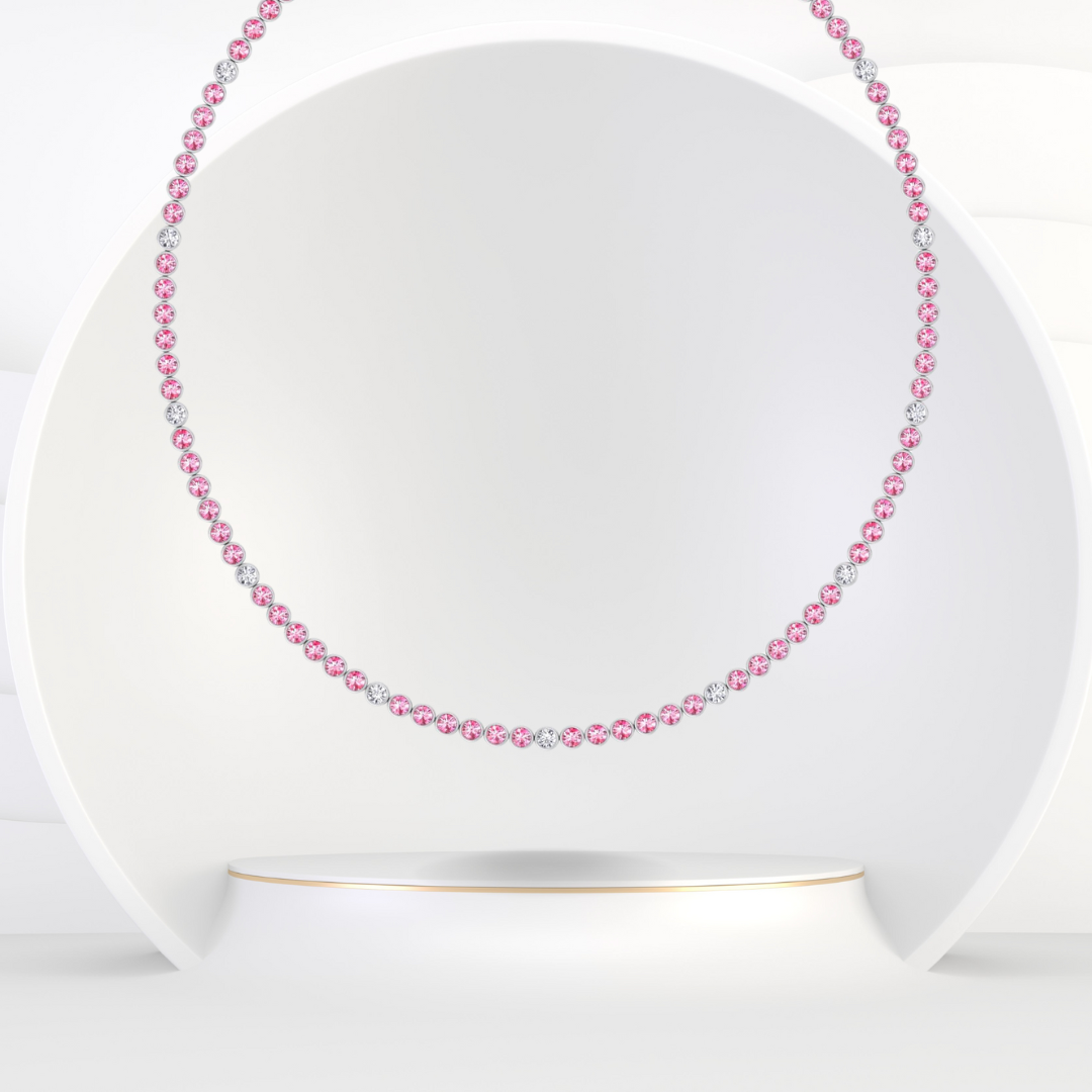 Bezel Set Natural Pink Sapphire Tennis Necklace with Diamonds