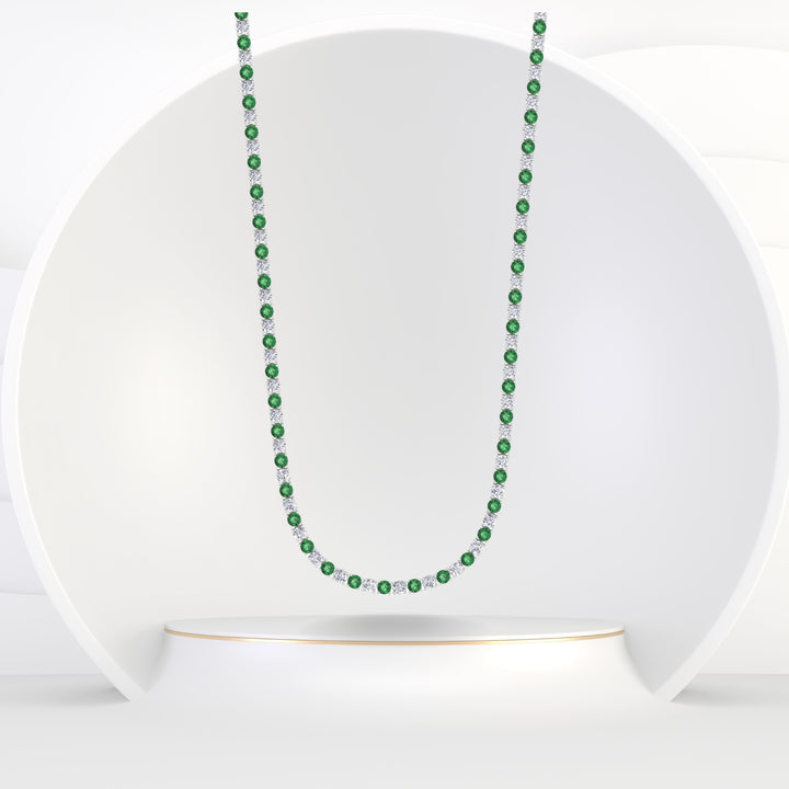 Alternating Green Emerald and Natural Diamond Tennis Necklace 14K Solid Gold
