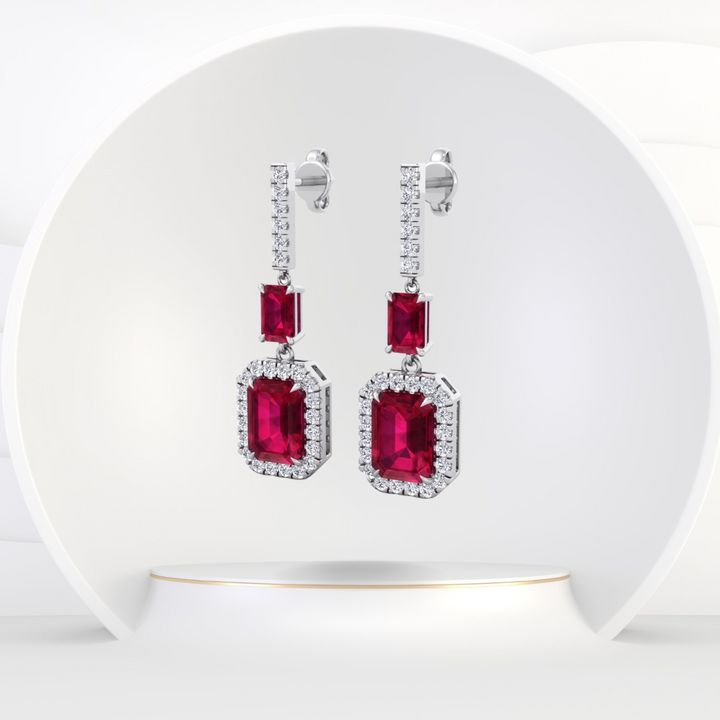 Natural Red Ruby Emerald Shape & Diamond Drop Earrings