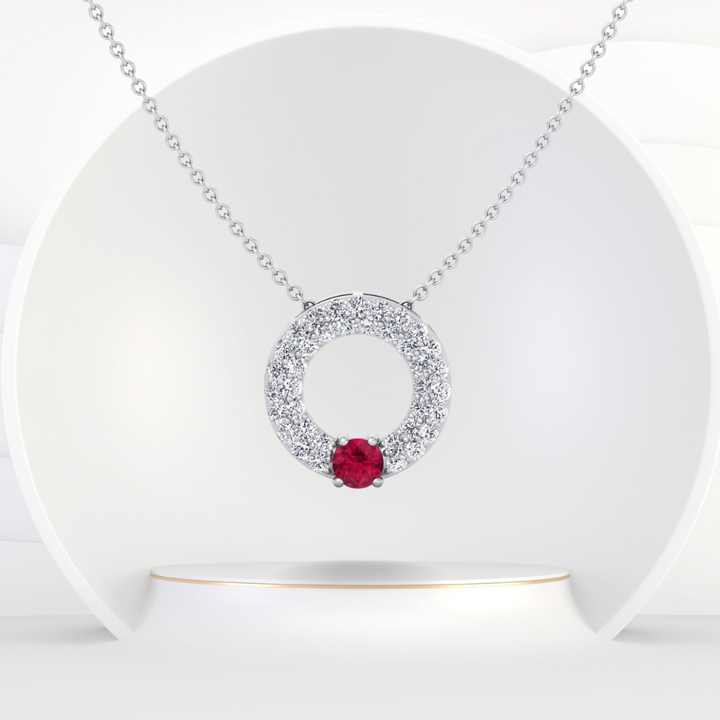 Round Shape Natural Diamond & Red Ruby Open Circle Pendant-1.25CT-14K-18K