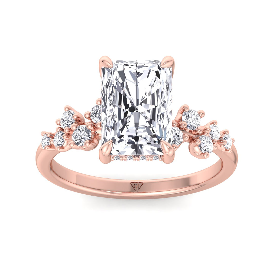 Carmela - Radiant Shape Hidden Halo Diamond Engagement Ring With Clustered Side Stones - Gem Jewelers Co