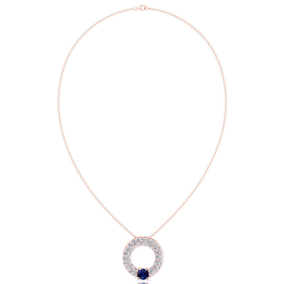 Round Shape Natural Diamond & Blue Sapphire Open Circle Pendant-1.25CT-18K-Rose Gold
