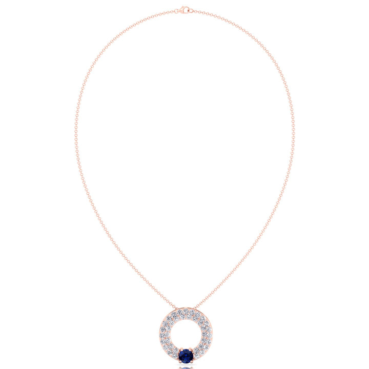 Round Shape Natural Diamond & Blue Sapphire Open Circle Pendant-1.25CT-18K-Rose Gold
