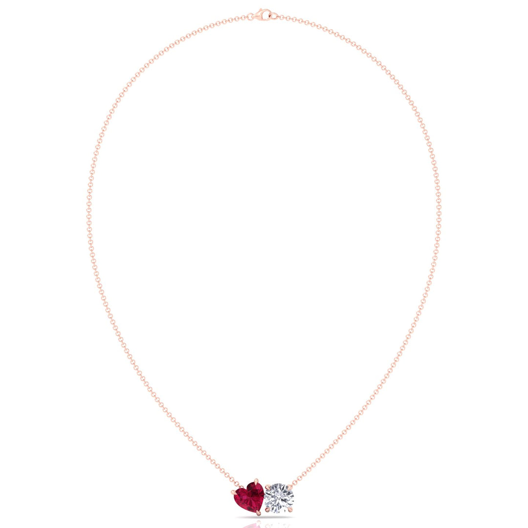 Toi Et Moi Natural Ruby Heart and Round Diamond Pendant -2CT-14K-18K-Rose Gold