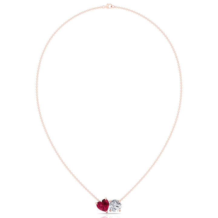 Toi Et Moi Natural Ruby Heart and Round Diamond Pendant -2CT-14K-18K-Rose Gold