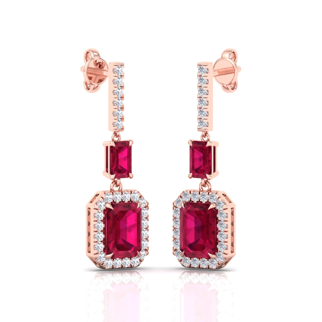Natural Red Ruby Emerald Shape & Diamond Drop Earrings- Rose Gold - 18K