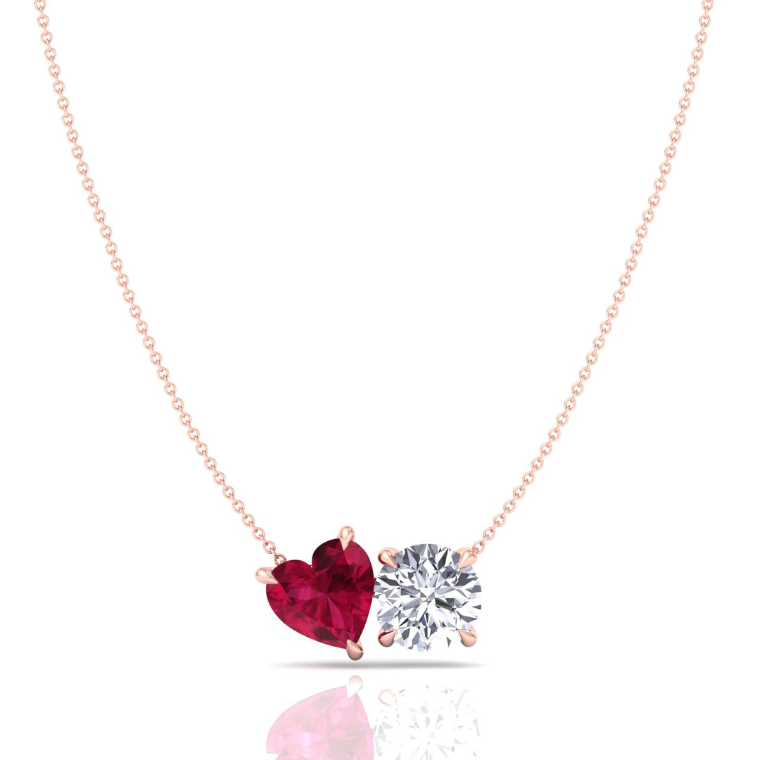 Toi Et Moi Natural Ruby Heart and Round Diamond Pendant -2CT-4CT-14K-18K-Rose Gold