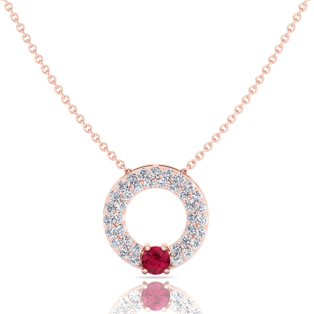 Round Shape Natural Diamond & Red Ruby Open Circle Pendant-14K-18K-Rose Gold