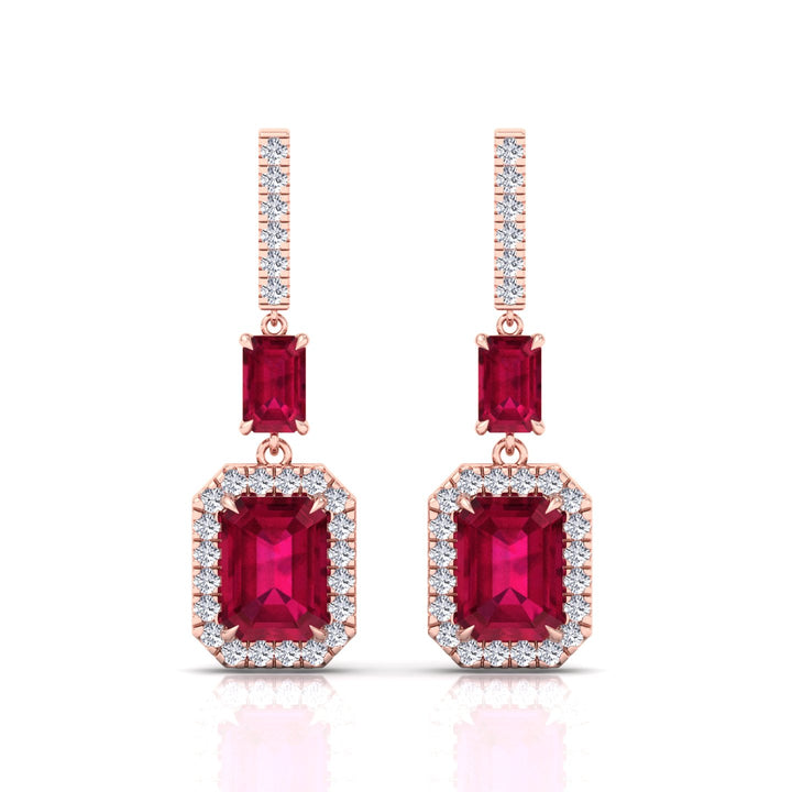 Natural Red Ruby Emerald Shape & Diamond Drop Earrings- Rose Gold - 18K - 14K