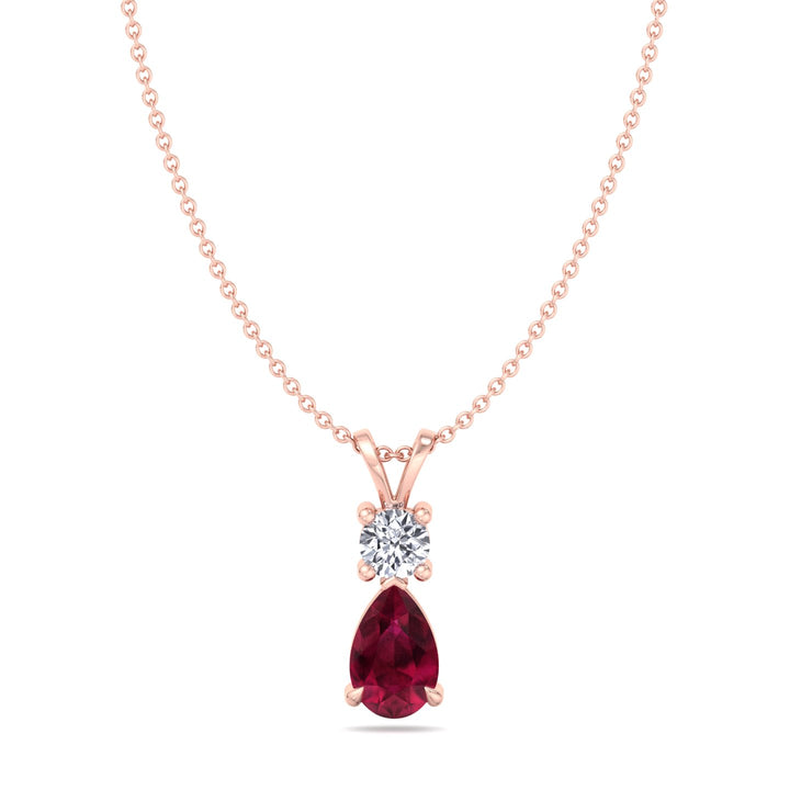 Natural Pear Shape Red Ruby & Round Shape Diamond Teardrop Pendant Necklace